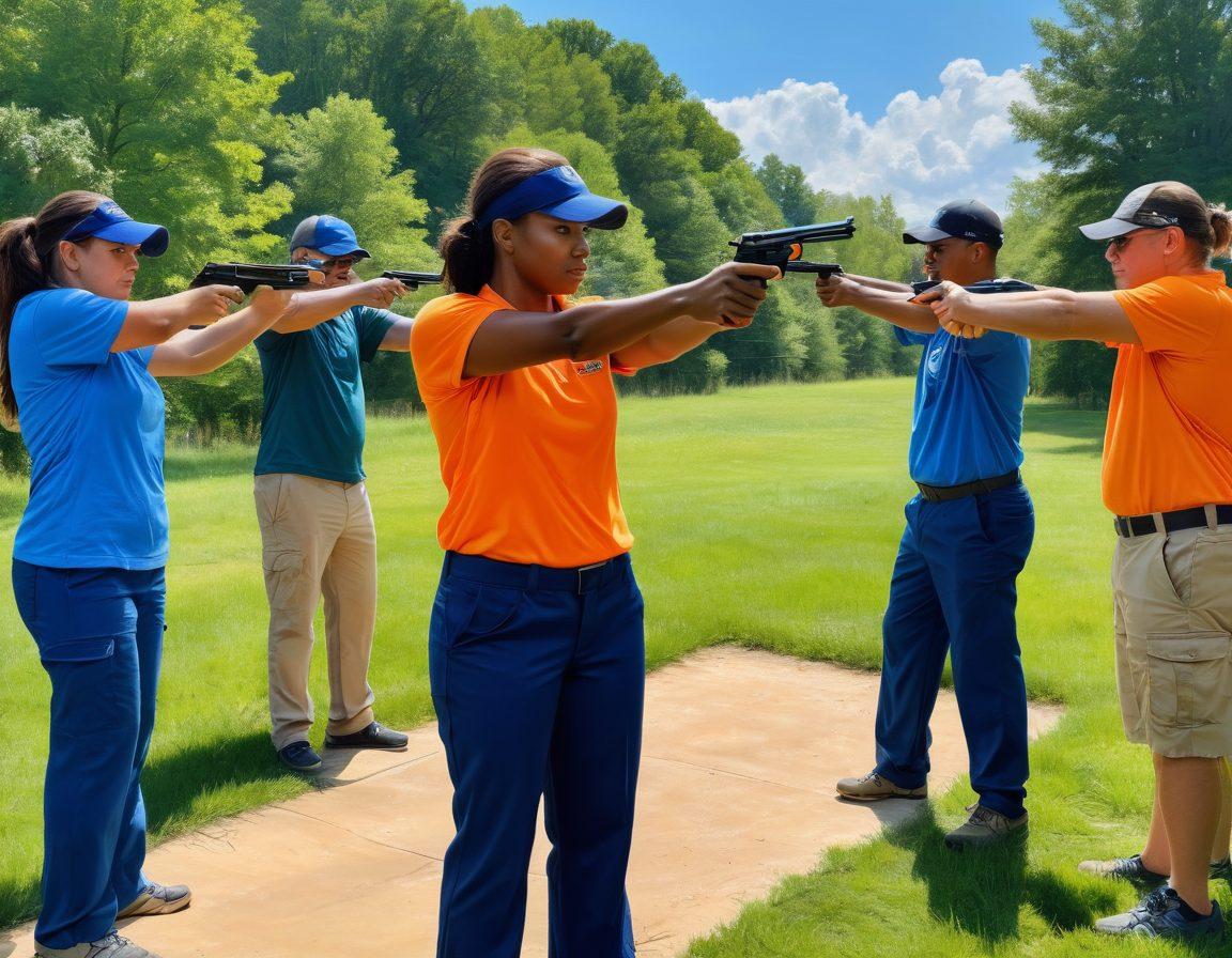 A dynamic composition showcasing a diverse group of individuals engaging in firearm safety training at an outdoor shooting range. The scene highlights respectful interaction, each participant attentively focused on safe handling techniques, with an instructor demonstrating proper stance and grip. Include a backdrop of lush greenery and blue skies to convey a sense of community and empowerment. Emphasize a feeling of responsibility and education in the image. painting. vibrant colors.