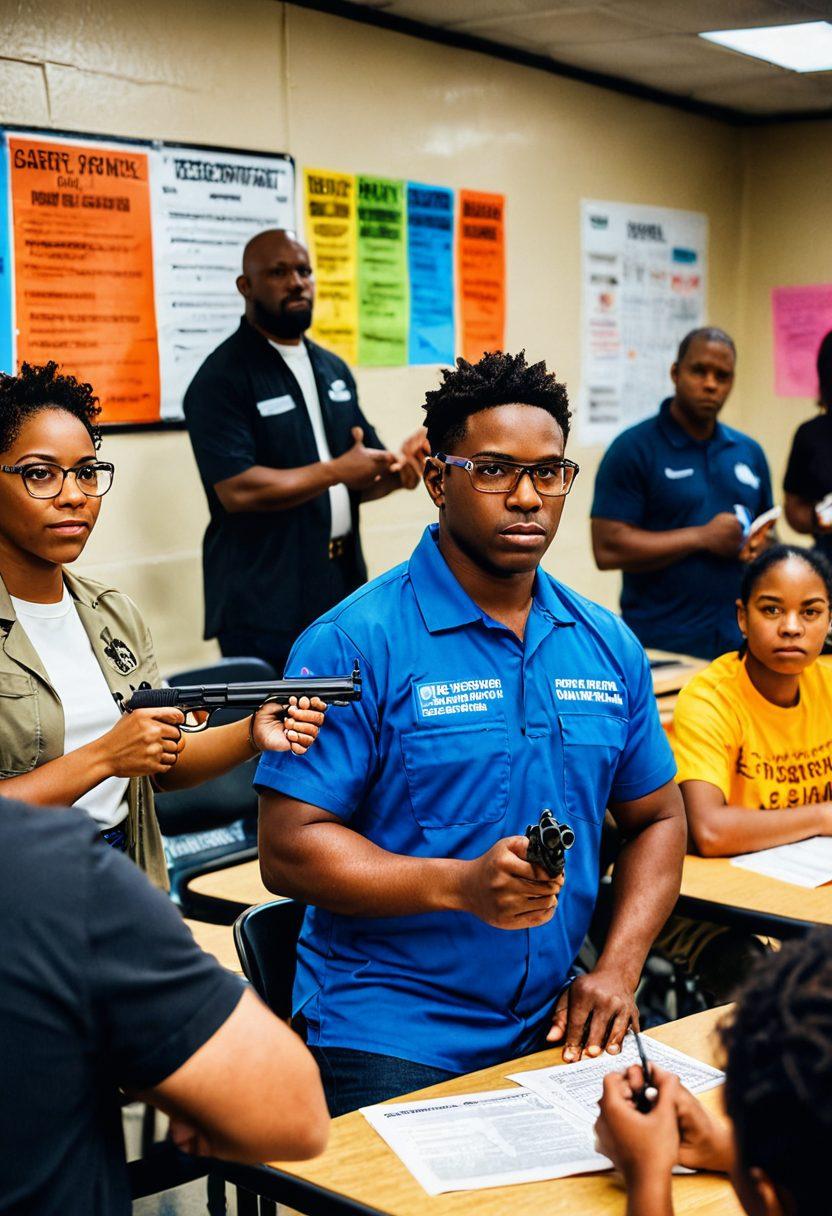 A diverse group of individuals engaged in a gun education class, focusing on safety techniques and proper handling. The classroom is filled with safety posters, and there's an instructor demonstrating a safe stance with a firearm. The participants are attentive, taking notes, and practicing with safety gear. The atmosphere is educational and respectful, emphasizing responsibility. bright colors. realistic. warm lighting.