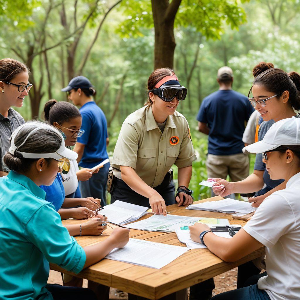 A diverse group of responsible firearm owners participating in a community workshop, showcasing safe handling practices and awareness on firearm advocacy. Include educational materials, safety gear, and vibrant discussions among the participants. Background features a serene outdoor setting symbolizing peace and responsibility. super-realistic. vibrant colors. outdoor scene.
